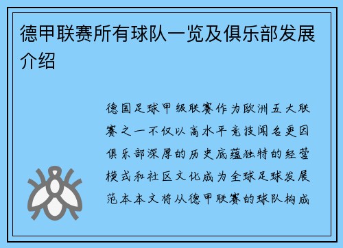 德甲联赛所有球队一览及俱乐部发展介绍