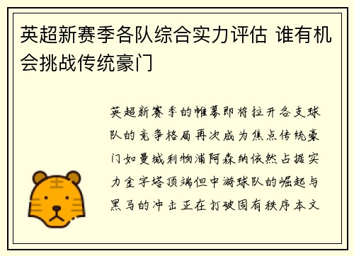 英超新赛季各队综合实力评估 谁有机会挑战传统豪门